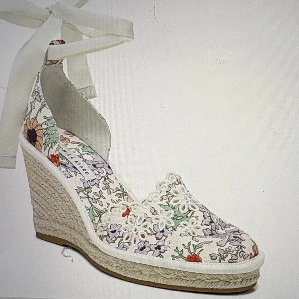 Veronica Beard Floral Embroidered Lace up Wedge Espadrille 8.5